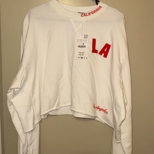 Zara White and Red Cropped Sweater